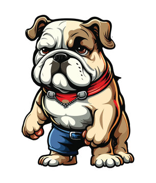 A cartoon image of a bulldog with a red bandana and blue shorts