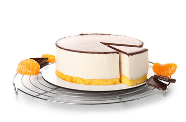 Grid with tasty birds milk cake, chocolate and tangerine on white background