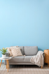 Grey sofa with cushions and houseplant on table near blue wall