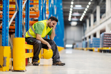 A warehouse clerk having headache on workplace.