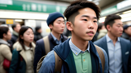 Obraz premium A Japanese Teenager Boy Commute Through a Crowded and Colorful Tokyo Subway Station Generative AI Photo