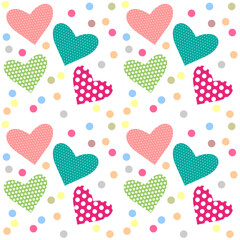 Seamless pattern of delicate colored hearts with speckles and polka dots and festive confetti.eps
