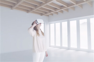 Real estate virtual tour abstract concept. VR house tour, real estate agent, woman potential buyer looking through virtual reality vr glasses. generative ai
