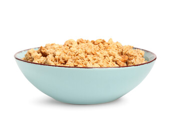 Bowl of tasty granola on white background