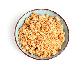 Bowl of tasty granola on white background