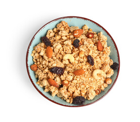 Bowl of tasty granola on white background