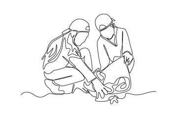Single one-line drawing girl and bor are picking up trash. Earth day concept. continuous line draw design graphic vector illustration