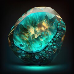 Front view of shining bright turquoise gemstone illustration on a dark background. Generative AI illustration.