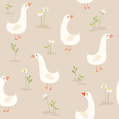 Seamless pattern with cute cartoon goose and flowers
