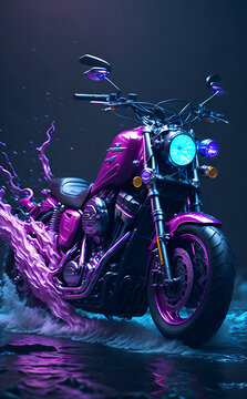 Custom motorcycle graphic image in vibrant volumetric pink lighting and with a reflection image at the bottom. Splashes and streams of purple light on the back. Cruiser and touring motorcycles.
