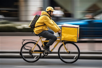 A food courier delivery on a bike scooter with a backpack is en route to deliver a meal.generative ai
