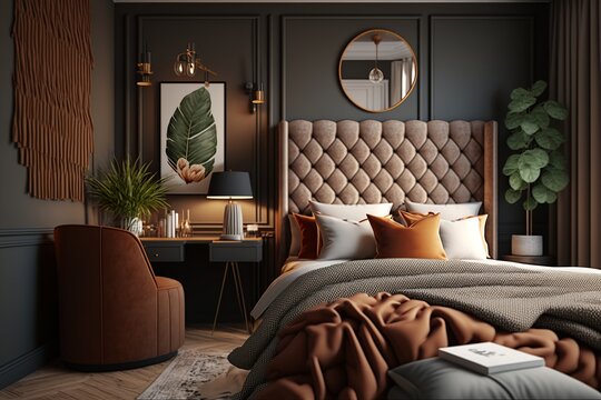 Cozy And Tranquil Bedroom With Earthy Tones, Plush King-sized Bed With Tufted Headboard, Layered Textured Bedding, Large Window With A View, And Small Sitting Area. Generative Ai