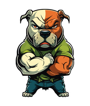 A cartoon image of a strong bulldog with a green shirt and blue jeans