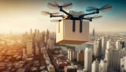 Fototapeta na wymiar Flying drone delivers a package, background a big city. Generative AI