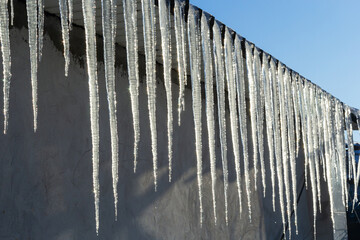 Sharp icicles and melted snow hanging from eaves of roof. Beautiful transparent icicles slowly gliding of a roof
