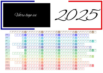 Calendrier sympa 2025 12 mois français avec jours fériés et drapeau français pour entreprise française, coloré et original, avec calque pour zone logo. Format Ai et EPS
