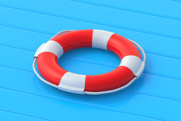 Lifebuoy on blue wooden table. Travel or vacation. Summertime concept. Maritime safety. Help and rescue on sea. 3d render