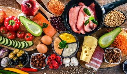 Ingredients of healthy diet that maintains overall health - obrazy, fototapety, plakaty