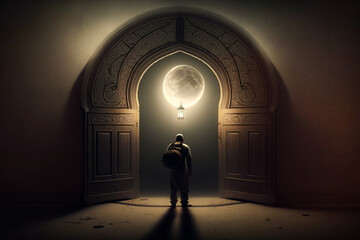 A man stands in front of a moon in a dark mosque door
