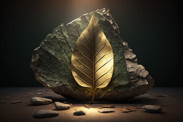 A leaf that is on a rock with the sun shining on it