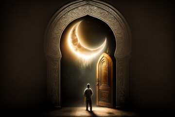 A man stands in front of a moon in a dark mosque door
