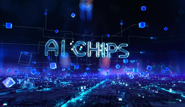 AI Chips - businessman working and touching with virtual reality at night office