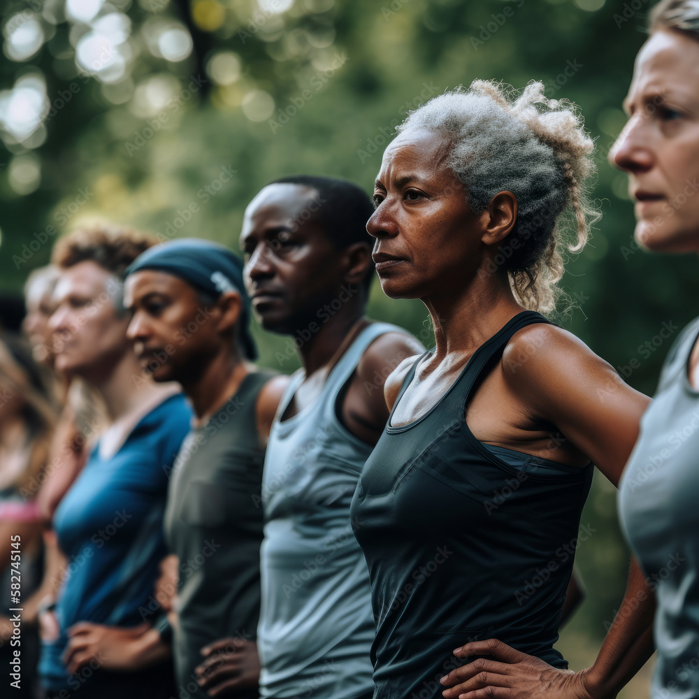 Wall mural diverse group of seniors in athletic wear ready to run a race, ai generative