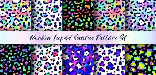 Abstract Rainbow Leopard seamless patterns set. Trendy vector gradient wild animal cheetah skin, leo texture with black, neon and rainbow spots for fashion print designs, backgrounds, wallpapers © Ketmut