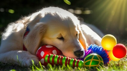 Golden Retriever Puppy with Toys