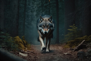 Pov Highly defined macrophotography of a realistic wolf running across the dark forest, eyes looking towards the camera, rage, pose attack, point of view - obrazy, fototapety, plakaty