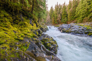 majestic mountain creek with rocky background in Vancouver, Canada, North America. Day time on January 2023.