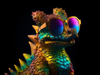 Colorful cute dragon wearing sunglasses standing against a black background. Vibrant scales. Adorable fantasy creature. Generative AI.