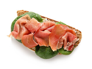 Tasty bruschetta with ham isolated on white background