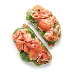 Tasty bruschettas with ham isolated on white background