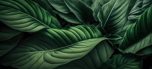 Background of tropical leaves, lush green jungle thickets, generative ai illustration