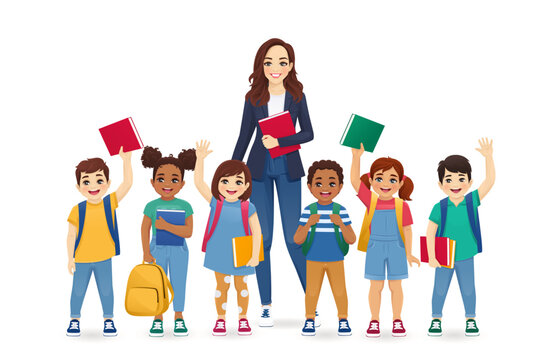 Smiling school children kids with backpacks and books standing near teacher woman isolated vector illustration