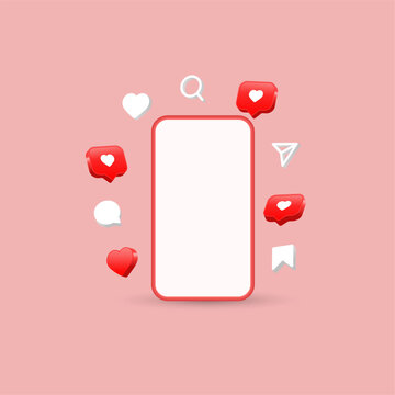 social media background. social network icons with smartphone and modern heart like speech bubble , notification icons, like, comment, share, icon - Digital marketing 3d render vector illustration