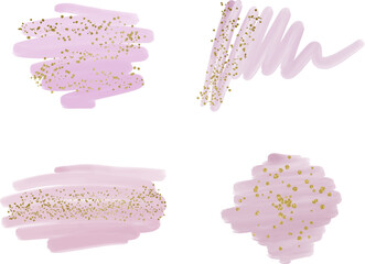 Pink watercolor brush stroke splashes with golden glitter confetti
