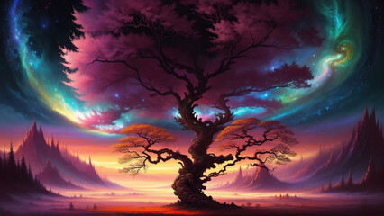 Big Beautiful Tree With Many Branches Cosmic Universe and Stars Colorful Generative AI Illustration