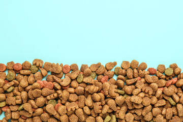 Heap of dry pet food on color background, closeup