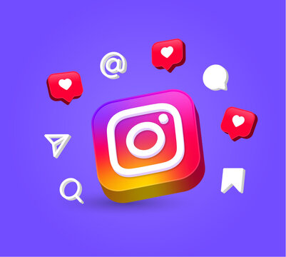 3d instagram logo background social media icons. social media logo - instagram circle button icon social network logos. like notifications speech bubble icon, heart, love, comment, share 3d icon signs