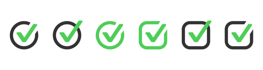 green check mark icon, check box icon set. circle and square. tick box symbol in green with correct, accept checkmark icons , check list circle frame - checkbox symbol vector sign - obrazy, fototapety, plakaty