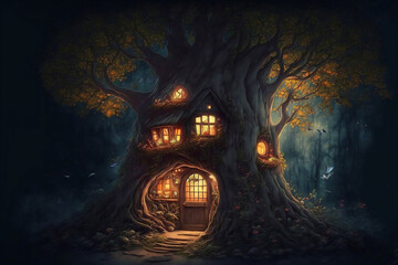 Fototapeta na wymiar Magical fantasy fairy tale scenery of tree house at night in a forest, generative ai