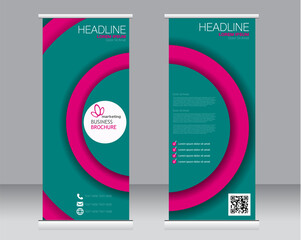 Roll up banner stand template. Abstract background for design,  business, education, advertisement. Green and pink color. Vector  illustration.