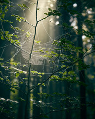 Schönes Spinnennetz im Sonnenlicht, aufgespannt in den Zweigen einer jungen Buche.