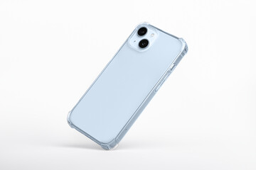 Phone case mock up side view. blue iPhone 14 plus in clear transparent soft silicone case isolated...