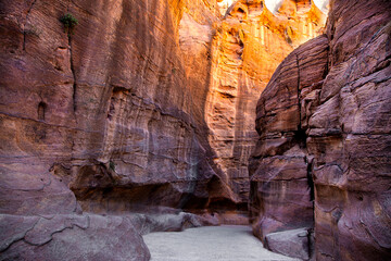 Siq canyon in Petra, Jordan. Stone walls natural formation.