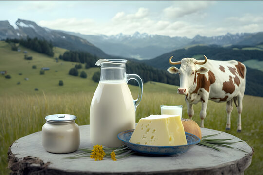 Piece of cheese and a bottle of cow's milk and other dairy products in a meadow of the Alpine mountains, cows graze in the distance. Generative AI