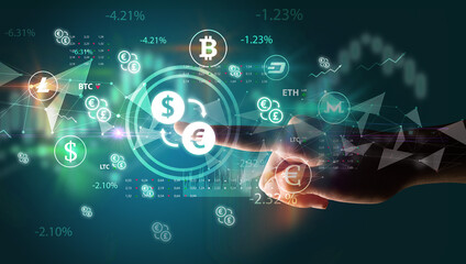 Business person hand pushing currency symbol on multimedia touch screen
