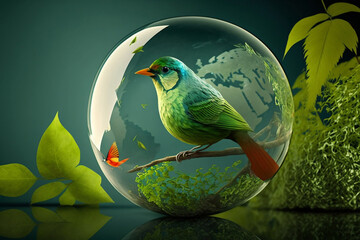 Green glass globe with green leaves and bird. Generative Ai